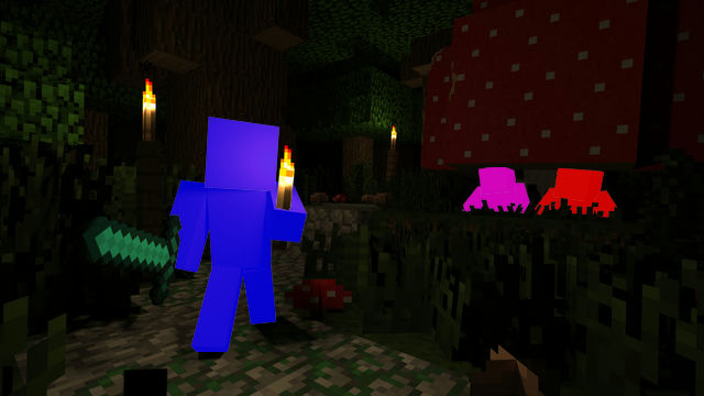 暗夜躲避追猎(Two players hiding in the dark from another player who wields a diamond sword.)